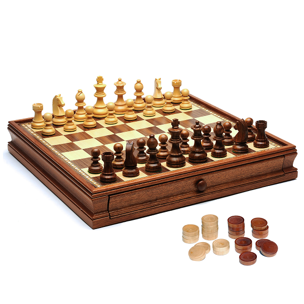 CHESS SET & CHECKERS CAMPHOR W/STORAGE, 15"